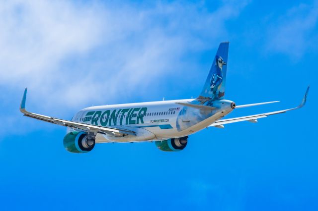 Airbus A320neo (N326FR) - A Frontier Airlines A320 neo "Skye the Blue Jay" taking off from PHX on 2/11/23 during the Super Bowl rush. Taken with a Canon R7 and Canon EF 100-400 II L lens.
