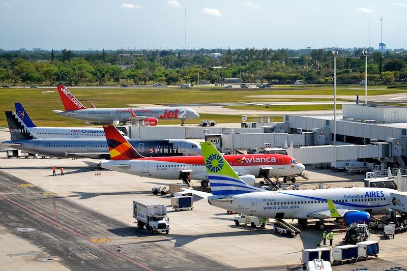 — — - 03/26/2010 - Busy afternoon at the international gates of Terminal 4... Aires, Avianca, Spirit and Air Jamaica. In the background, Jet 2 is being towed to Terminal 3 to board passengers for the Manchester flight.