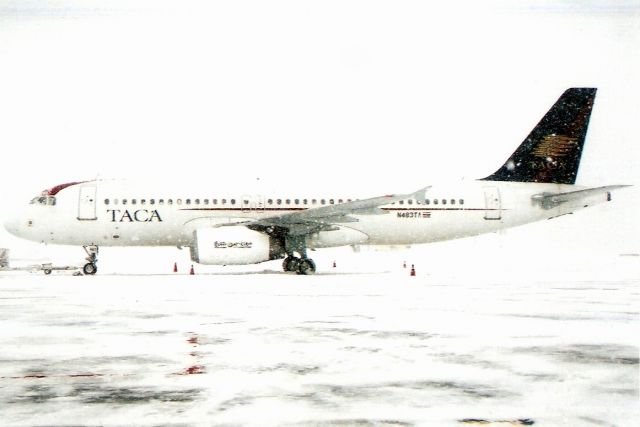 Airbus A320 (N483TA) - Parked in a New York snowstorm in Feb-06.  With TACA from Jul-01 to Aug-06 when it became VT-WAD then PK-RMM, N380DF, TC-OBI, OE-ICO and G-GATJ for British Airways.