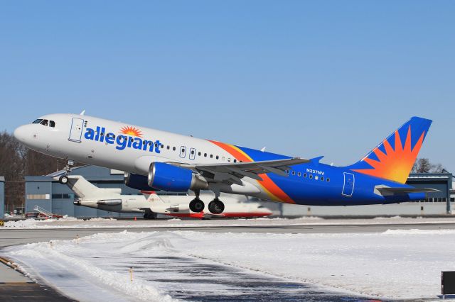 Airbus A320 (N237NV) - Trifecta! Perfect (lucky) timing of an Aeronaves TSM CRJ2 taxiing and Boeing 727-200F behind AAY1854 departing RWY 25 bound for Clearwater Intl – KPIE, Sunday, 20 Feb 2022. 