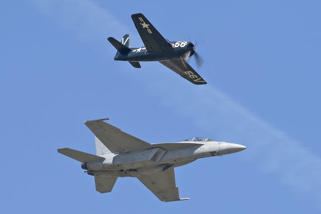 LTV F-8 Crusader — - US Navy Heritage Flight: Grumman F8F-2/G-58A "Bearcat" and Boeing F/A-18F "Super Hornet"