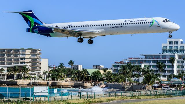 McDonnell Douglas MD-83 (N805WA) - World Atlantic Airlines WAL9701 registered as N805WA inbound for landing over maho beach on a repatriation flight.