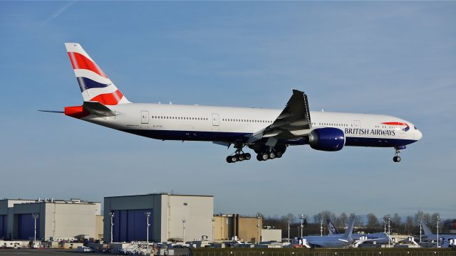 BOEING 777-300 (G-STBI) - BOE75 on final to Rwy 16R to complete its maiden flight on 1/15/14. (LN:1171 cn 43702).