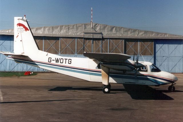 ROMAERO Turbine Islander (G-WOTG) - Seen here in Apr-89.  Transferred to Estonia 28-Nov-06 as ES-PNWbr /then reregistered F-HFIT 20-Apr-11.