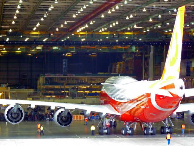 N6067E — - ROLL OUT SERIES #4:  Boeing 747-8 Intercontinental RC001 Business Jet for undisclosed government  customer being pushed out of Boeing Assembly Plant hangar on 2-13-2011 roll-out day at Paine Field, Everett, Washington  ||||   Photo by Bruce McKinnon