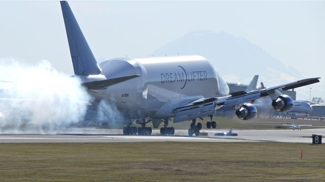 Boeing 747-400 (N718BA) - GTI4351 makes tire smoke as it touches down on runway 16R, 2/6/12.