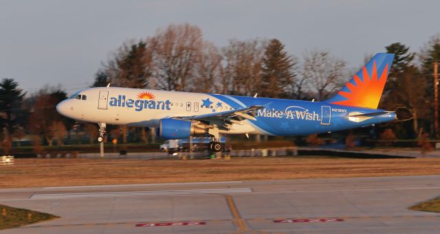 Airbus A320 (N218NV) - AAY Allegiant 'Make A Wish' 1702 arriving from Ft. Lauderdale, FL USA on a bright sunny, but cold Kentucky morning.