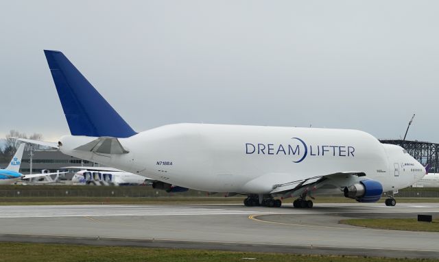 Boeing 747-400 (N718BA) - One of Boeings 747-400(LCF) Dreamlifters at KPAE, departing shortly after the Saudia Triple Delivery of two 787s and one 777. 