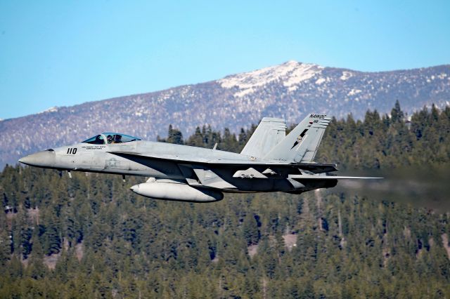 McDonnell Douglas FA-18 Hornet (N110) - F-18 Hornet from NAWDC Fallon NAS executes a high speed pass over RWY 29 at Truckee-Tahoe Airport.  