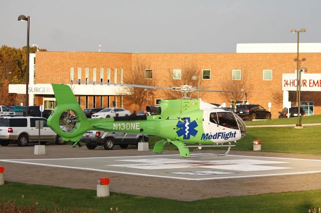 Eurocopter EC-130 (N130NE) - N130NE, a MedFlight Ohio Eurocopter EC 130 B4, c/n 7017, about to touchdown on the helipad at Akron General Hospital in Copley, Ohio. MedFlight Ohio, Metro Life Flight, and University Hospitals MedEvac all participated in a joint-training session for firefighters responding to MedEvac emergencies on 18 Oct 2012. A classroom session was held followed by a close-up walk-around of the helicopters.