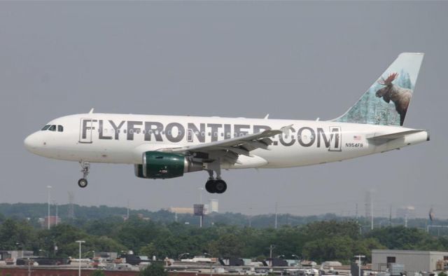 Airbus A319 (N954FR) - On top of MDW's terminal parking garage. Canon T3 and 55-250mm lens.