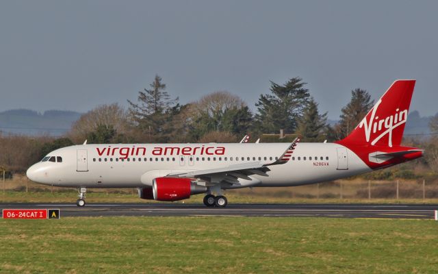 Airbus A320 (N286VA) - virgin america a320 n286va landing at shannon for fuel while on its delivery flight 3/2/16.