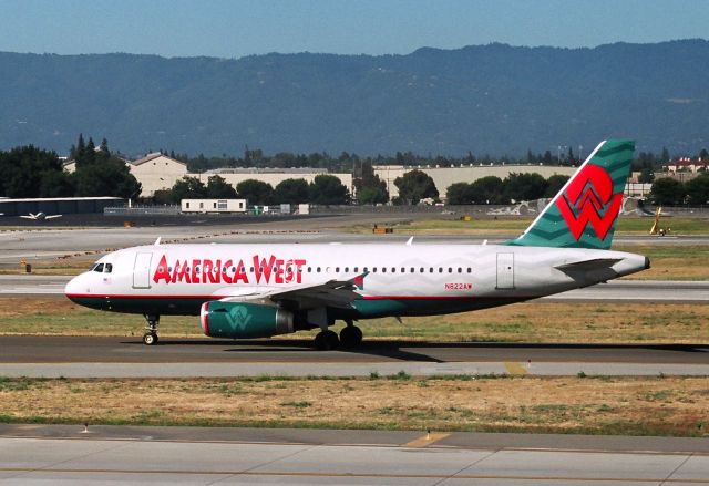 Airbus A319 (N822AW) - KSJC - America West A319 rolling to 30R for departure to PHX.br /br /Serial number 1410br /Type 319-132br /First flight date 21/12/2000br /Test registration D-AVYDbr /Plane age 15.6 yearsbr /Seat configuration F12 Y112  