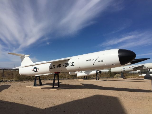 — — - The MGM-13 "MACE" Cruise Missile. An autonomous missile which used terrain mapping to find its way to the target. Operational in the days before GPS. It was subsonic and turbojet powered.