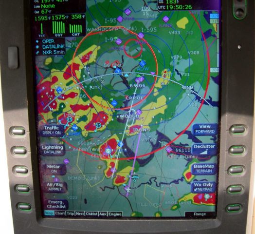 Cessna 400 (N2522F) - Heading back to Potomac Aifield (VKX) in MD after Oshkosh. Lots of storms moving in all directions to dodge. We and the King Air heading into Davison AAF (at +09) made it in with no problem.  Note that we could not fly the approach (in white) due to the storms. But the big red bloob over IRONS went green on the next upload of the radar and we managed to decend to VFR conditions to make an easy landing.