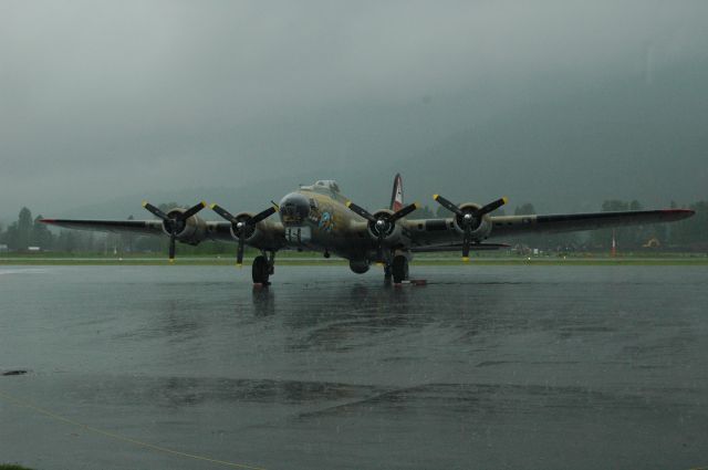 Boeing B-17 Flying Fortress (N93012) - The Collings Foundation B-17 (and B-24 and T-51) came to Sandpoint, and unfortunately were completely rained out the day they were going to take passenger flights... The B-17 remains stoic, however.