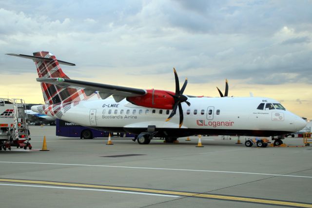 ALENIA Surveyor (ATR-42-500) (G-LMRE) - Parked on Stand 253L on 24-Aug-23 prior to operating flight LOG626 to EGPN.