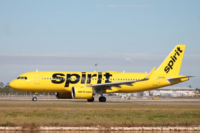 Airbus A320neo (N962NK) - Spirit Flight 450 taxis at Southwest Florida International Airport prior to flight to Indianapolis International Airport (12/19/24)