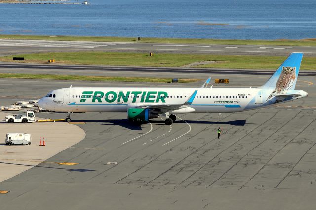 Airbus A321 (N705FR) - 'Frontierflight 1239' to Orlando pushing from the gate (Ferndale the Pygmy Owl)