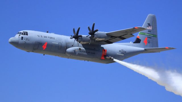 Lockheed C-130 Hercules (N21464) - California Air National Guard C-130J Super Hercules, MAFFS 4 br /(Modular Airborne FireFighting System, 3,000 US Gal)br /br /CHANNEL ISLANDS AIR GUARD STATION, 146th Airlift Wing ANGbr /br /Air Demonstrationbr /March ARB 5-1-2010