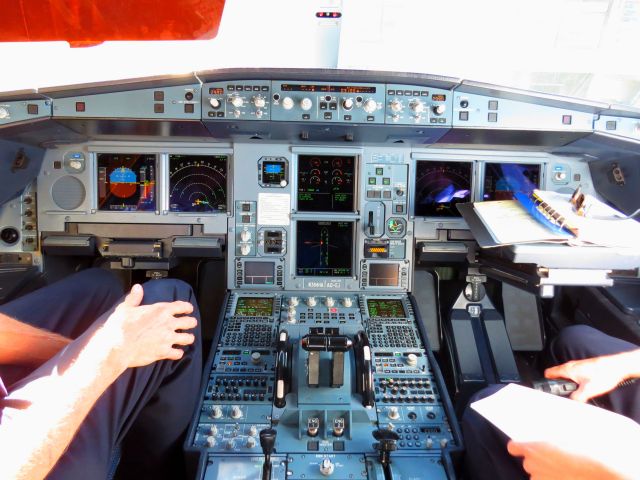 Airbus A330-200 (N384HA) - The cockpit of N384HA from my flight of PHOG-KLAX last summer in a Hawaiian A330-243