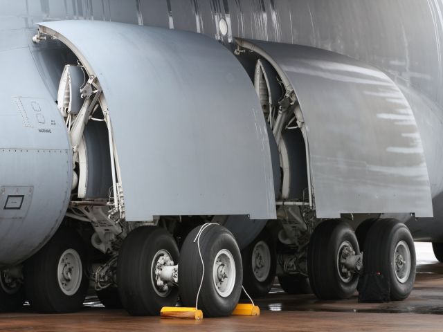 — — - Close up detail of C-5 Galaxy's main landing gear.