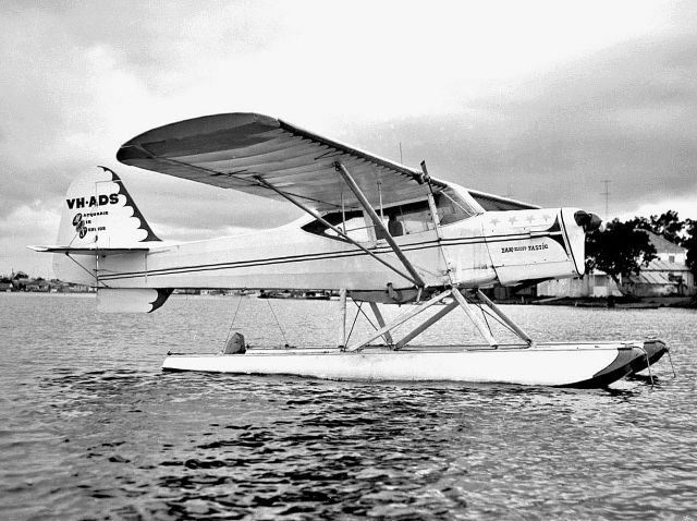 TAYLORCRAFT (2) J (VH-ADS) - Auster J5 Adventurer on floats at Lake Macquarie Newcastle NSW July 1967, photo by Geoff Goodall. This aircraft was ex RNZAF NZ1705 and became VH-PMG 3 on 4 June 1957 then to VH-ADS 3 on 3 April 1963. It is still currently on the regiater.