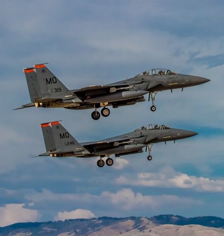 McDonnell Douglas F-15 Eagle — - Two Boeing F-15E Strike Eagles doing a formation touch and go at Boise Airport.br /(91-0319,90-0246)