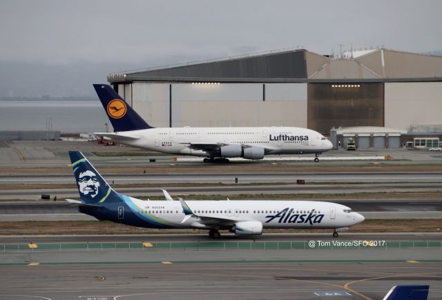 Boeing 737-900 (N268AK) - KSFO - Alaska Airlines N268AK 737-900 series on taxi to the gate after landing on 28L a few minutes before this photo was taken.First flight date Jan 26/2017.36365 LN:6265