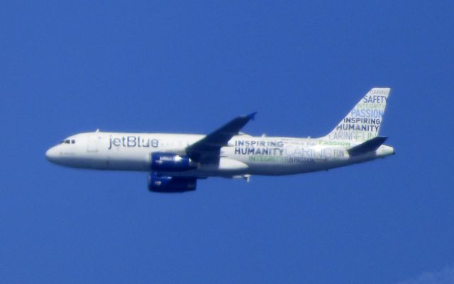 Airbus A320 (N598JB) - This is Jet Blues "Inspiring Humanity" livery passing Monmouth Co., NJ minutes before landing April 2018.