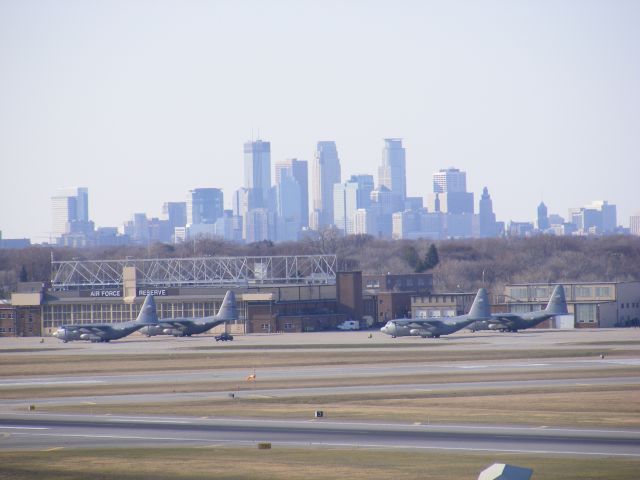 — — - MSP skyline at MSP airport with C-130s from the Flying Vikings