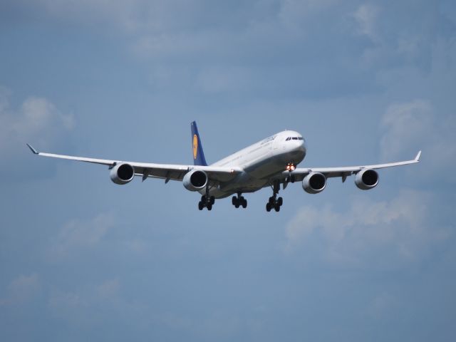 Airbus A340-600 (D-AIHA) - Final for runway 18C at KCLT - 6/25/13