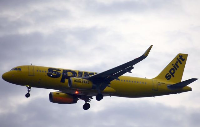 Airbus A320 (N648NK) - Spirit A320 approaching the outer runway threshold at Myrtle Beach International Airport (KMYR) at 0700 Hours on March 8, 2019 as seen from Myrtle Beach State Park, SC.