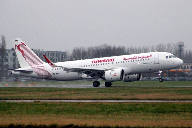 Airbus A320neo (TS-IMY) - Touching down on rwy 09L on 1-Mar-22 operating flight TAR790 from DTTA on its first visit to EGLL.