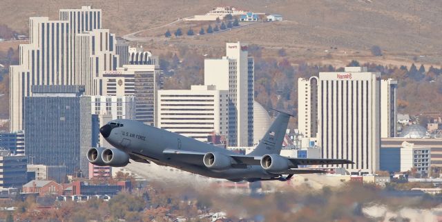 Boeing C-135FR Stratotanker (62-3557) - At two minutes before straight-up high noon yesterday (11:58 AM, Nov 9, 2018), this KC-135R Stratotanker (623557) is snapped on the climb away from Reno-Tahoe International's runway 16R as it is coming level with my spotting position at the top of Rattlesnake Mountain.  Formerly assigned to the 916th ARW at Seymour-Johnson AFB, there is no longer a tail flash and I was unable to determine its current unit assignment.  