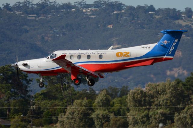Pilatus PC-12 (VH-FVF) - About to put down on runway 05. Thursday, 8th May 2014.