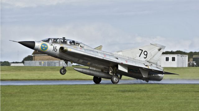 VALMET Draken (SE-DXP) - Swedish Air Force Historic Flight Saab 35 Draken SE-DXP arrives for the RAF Scampton Air Show - 8th September 2017