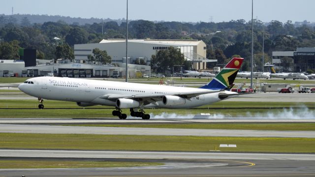 Airbus A340-300 (ZS-SXC) - Airbus A340-313. AS. SAA ZS-SXC touch-down Rwy 21 YPPH 300819