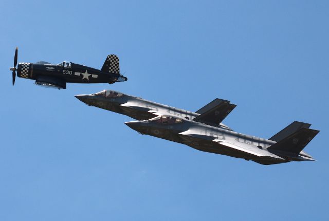 VOUGHT-SIKORSKY V-166 Corsair (N9964Z) - CAF Corsair in formation with two US Navy F-35C Lightning II jets for the Navy Legacy Flight at Atlanta Air Show 2021. Photo taken on 5/22/2021.