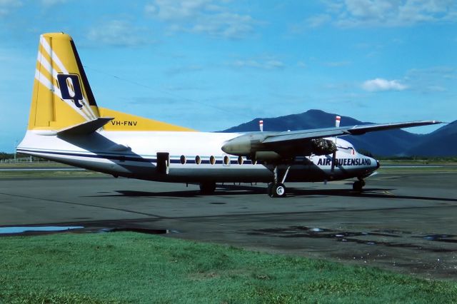 — — - AIR QUEENSLAND - FOKKER F-27-200 FRIENDSHIP - REG : VH-FNV (CN 10252) - CAIRNS QLD. AUSTRALIA - YBCS (24/6/1986) 35MM SLIDE CONVERSION USING A LIGHTBOX AND A NIKON L810 DIGITAL CAMERA IN THE MACRO MODE