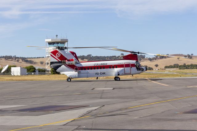 Boeing CH-47 Chinook (P2-CHK) - Columbia Helicopters (P2-CHK) Boeing-Vertol Chinook 234UT taxiing at Wagga Wagga Airport.