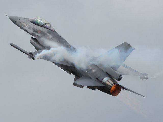 — — - F-16 performs a slow speed flypast on raw power alone.