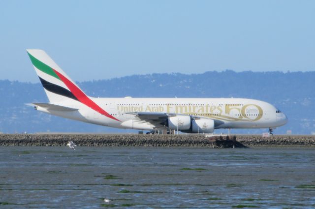 Airbus A380-800 (A6-EUU) - Taken at KSFO. The aircraft is taxiing for takeoff on runway 29L.