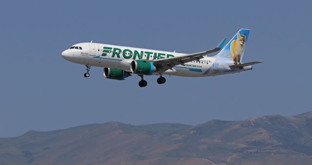 Airbus A320neo (N393FR) - N393FR ---- FFT's "Nevada, The Red Fox," is just about to pass over RNO's north perimeter boundary fence as it approaches Runway 17R.  