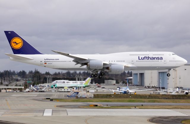 Boeing 747-200 (D-ABYG) - Lufthansa D-ABYG landing at Paine Field February 23, 2013.