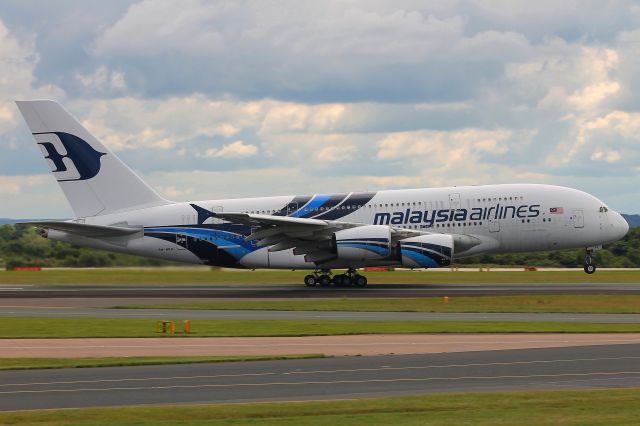 Airbus A380-800 (9M-MNB) - Malaysia Airlines Airbus A380-800 taking off from Manchester en route to Kuala Lumpur empty on Sunday 23/07/17 at 12:54. The aircraft had flown into Manchester as a charter flight from Hong Kong earlier on that morning with 4 UK football teams on board bringing them home from their respective tours of the Far East. Because Malaysia Airlines unfortunately dont have permission from the Russians to take the traditional ark route from the Far East to Europe and the UK over China, Mongolia, Siberia and the Baltic nations the aircraft had to take a somewhat contorted and round -the-houses so-to-speak route over Southern China, Thailand, India, Pakistan, Iran, Turkey, Greece and central Europe, adding around about 2 hours or so to the total flight time.