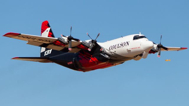 Lockheed C-130 Hercules (N131CG) - Coulson Tanker 131 departs PRB for the One Fire. In the background is N45TB of the Gooney Bird Group