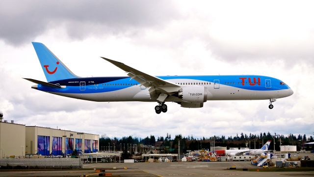 Boeing 787-9 Dreamliner (G-TUIL) - BOE780 on final to Rwy 16R to complete a B3 flight from KPDX on 3.5.18. (ln 676 / cn 64053). The aircraft was returning to KPAE after painting.