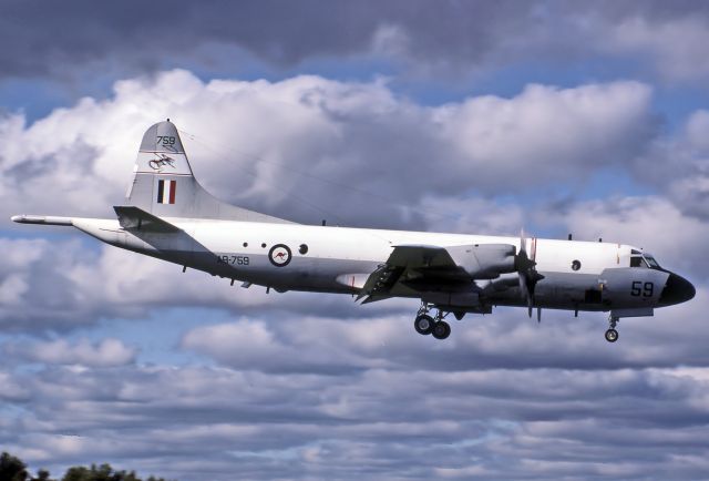 Lockheed P-3 Orion (A9759) - AUSTRALIA - AIR FORCE - LOCKHEED P-3C ORION - REG A9-759 / 59 (CN 285D-5674) - EDINBURGH RAAF BASE ADELAIDE SA. AUSTRALIA - YPED (4/7/1983) 35MM SLIDE CONVERSION SCANNED AT 6400 DPI.