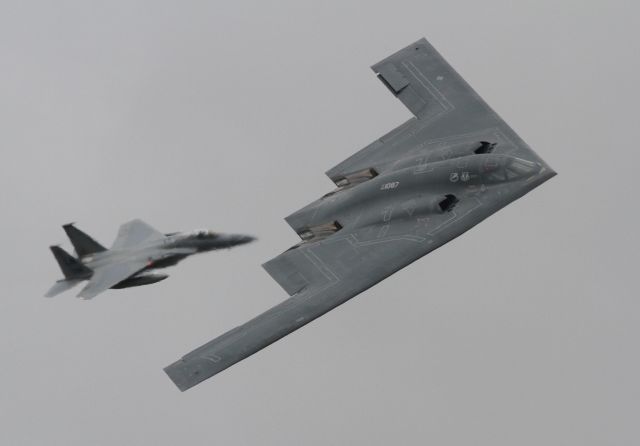 Northrop Spirit — - RAF Fairford air show july 2017. B2 that flew on a round trip from Missouri to England. it made two passes and flew back to base. the aircraft in escort is a F15.